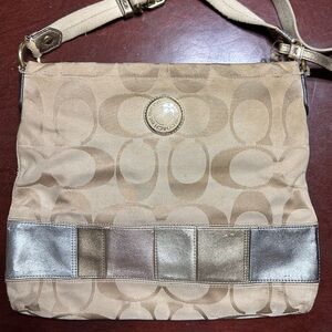 Coach Beige Signature Crossbody with Metallic Trim